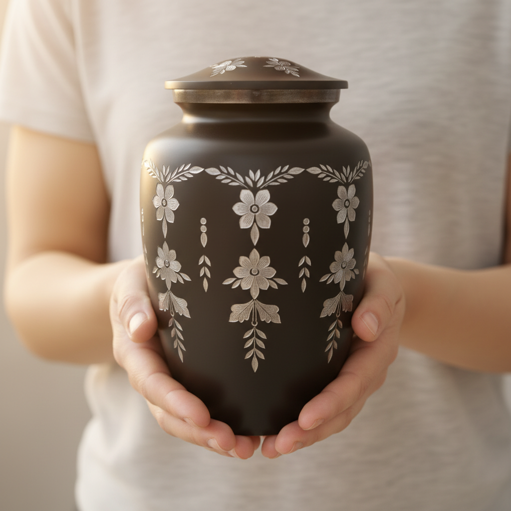 Person holding a black urn with floral patterns against a neutral background
