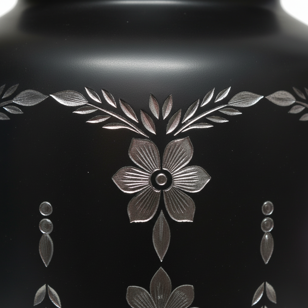 Black vase with floral engravings on a black background