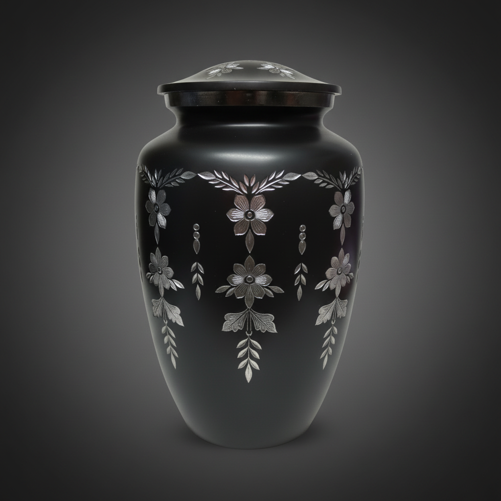 Black urn with silver floral patterns on a dark background
