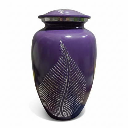 Purple urn with silver leaf design on a white background