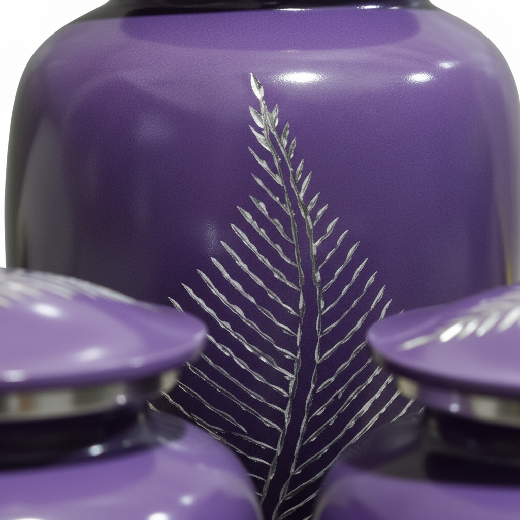 Close-up of a purple urn with a leaf design on a white background