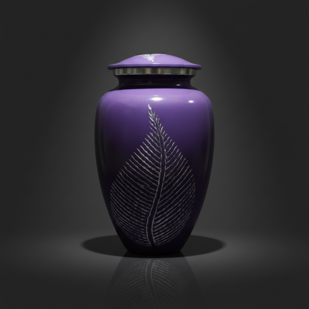Purple urn with a feather design on a dark background