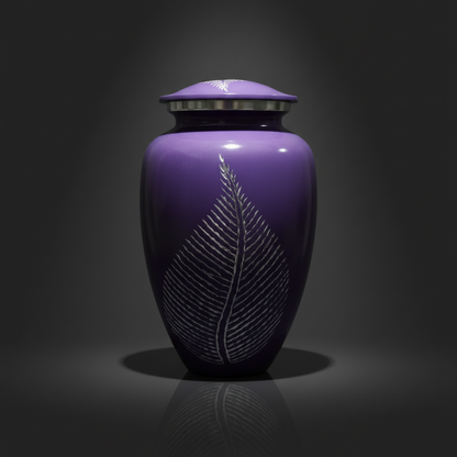 Purple urn with a feather design on a dark background