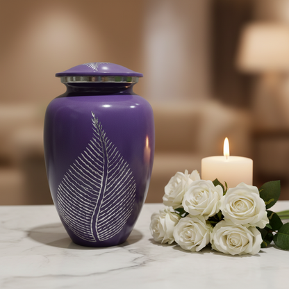 Purple urn with white leaf design next to white roses and a lit candle on a marble surface.