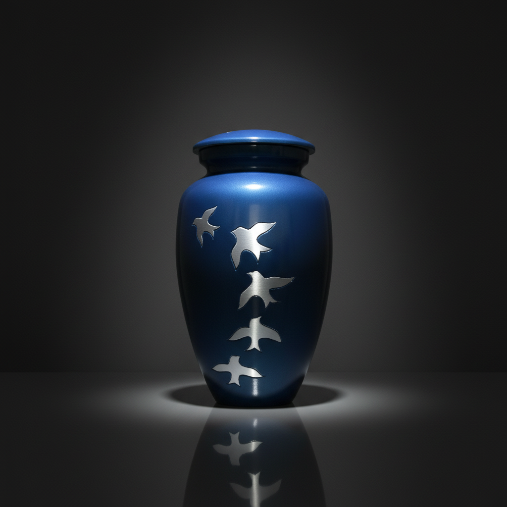 Blue urn with silver bird designs on a dark background