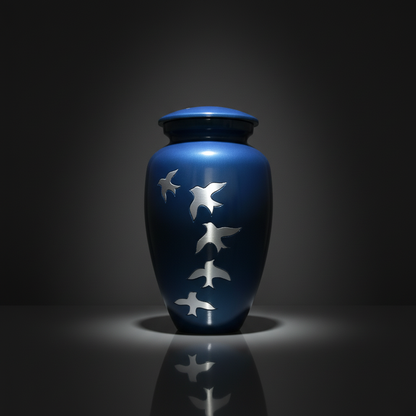 Blue urn with silver bird designs on a dark background