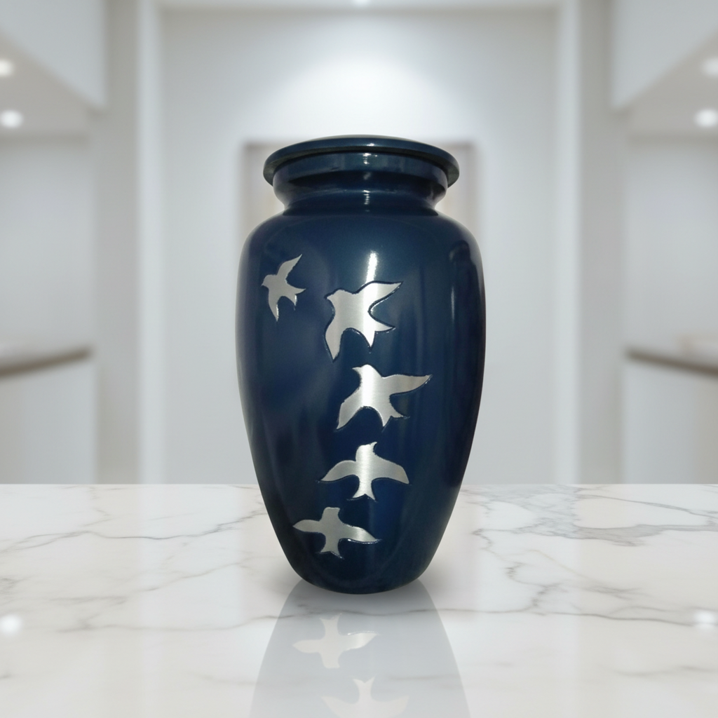 Blue urn with bird designs on a marble surface