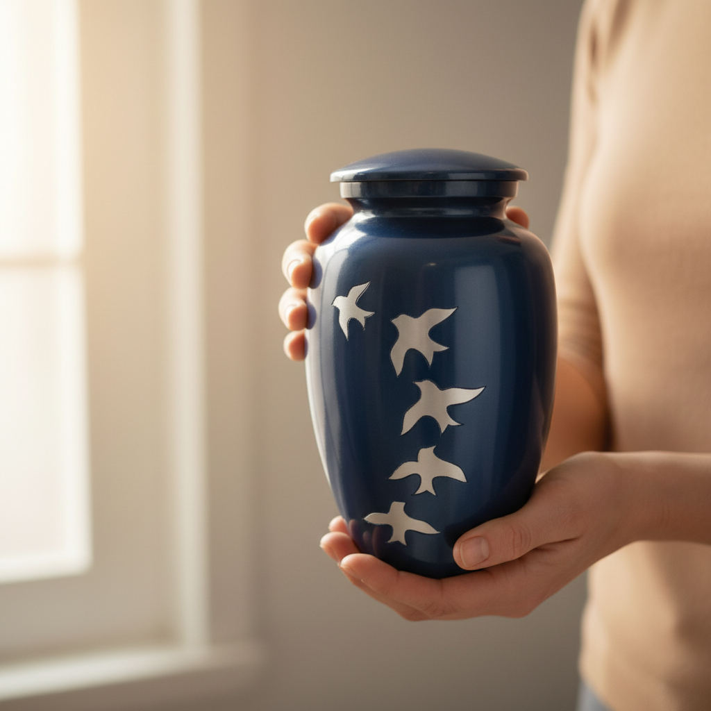 Person holding a blue urn with white bird designs against a neutral background