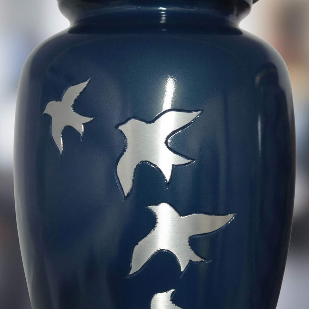 Blue ceramic vase with cut-out bird designs on a blurred background