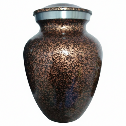 Bronze-colored urn with a metallic cap on a white background