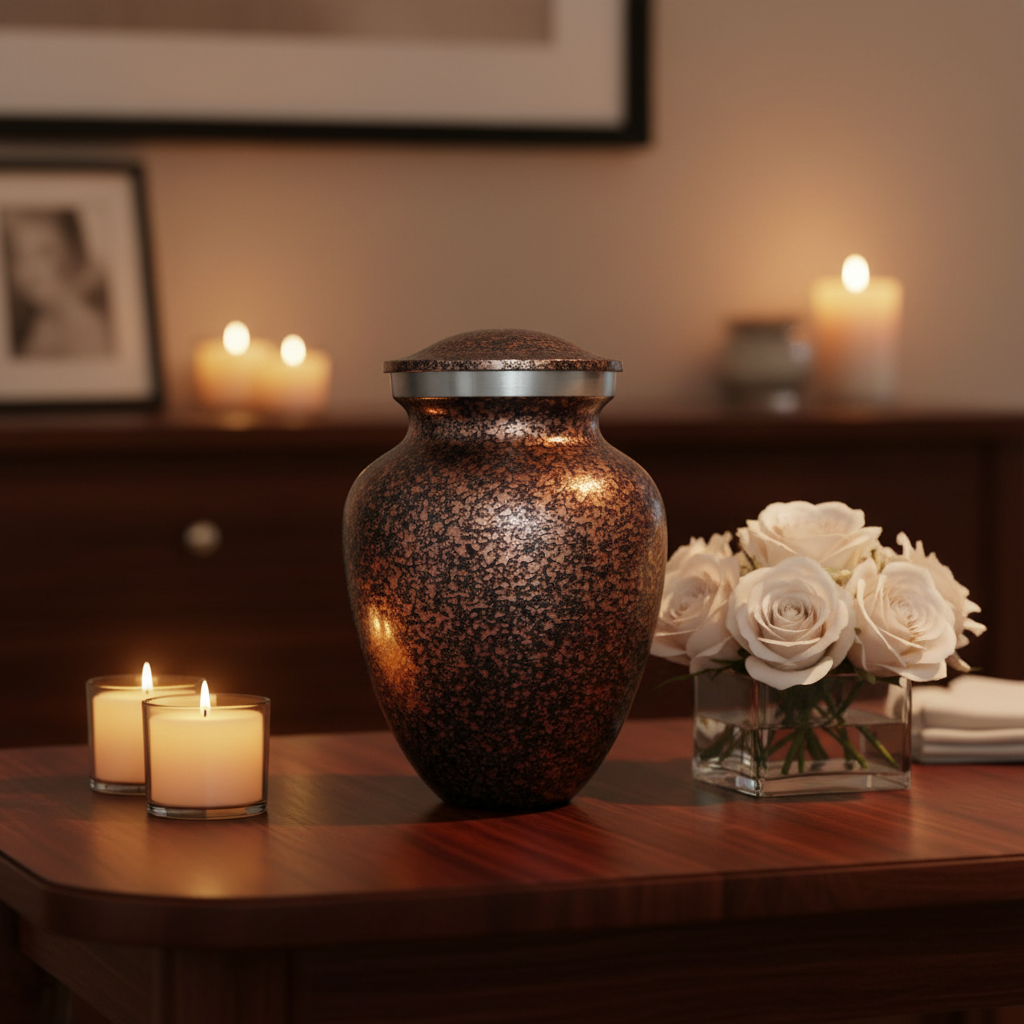 Ceramic urn on a table with candles and flowers in a softly lit room