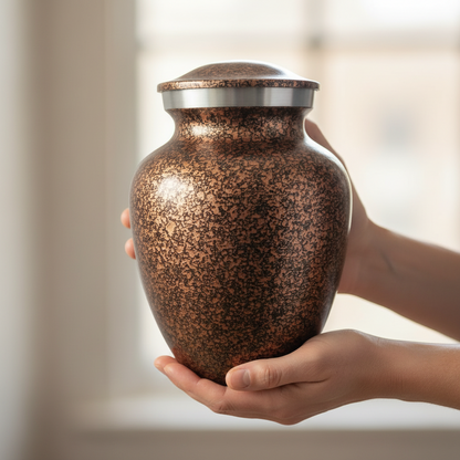 Person holding a bronze-colored urn with a silver lid against a neutral background