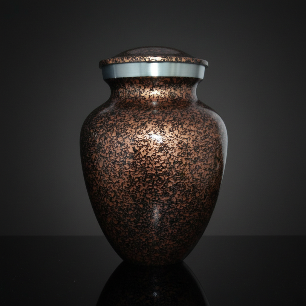 Bronze-colored urn with a reflective surface on a dark background