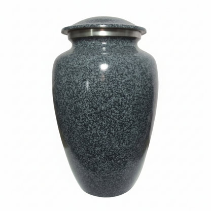 Gray speckled urn with a silver lid on a white background