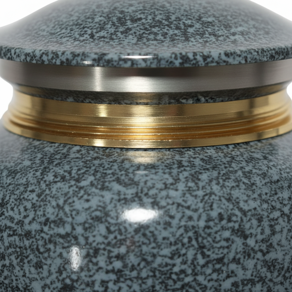 Close-up of a gray speckled urn with a gold band and black lid.