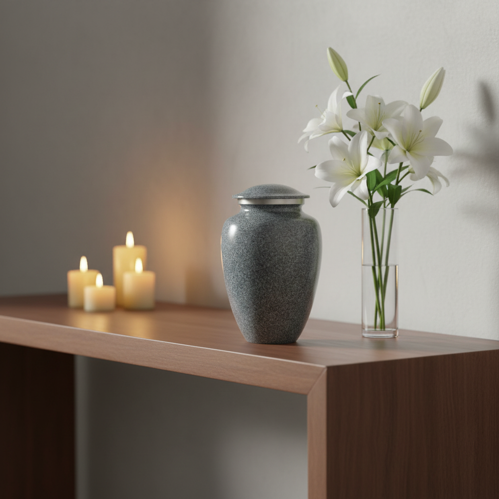 Gray urn on a wooden surface with white flowers and candles in the background