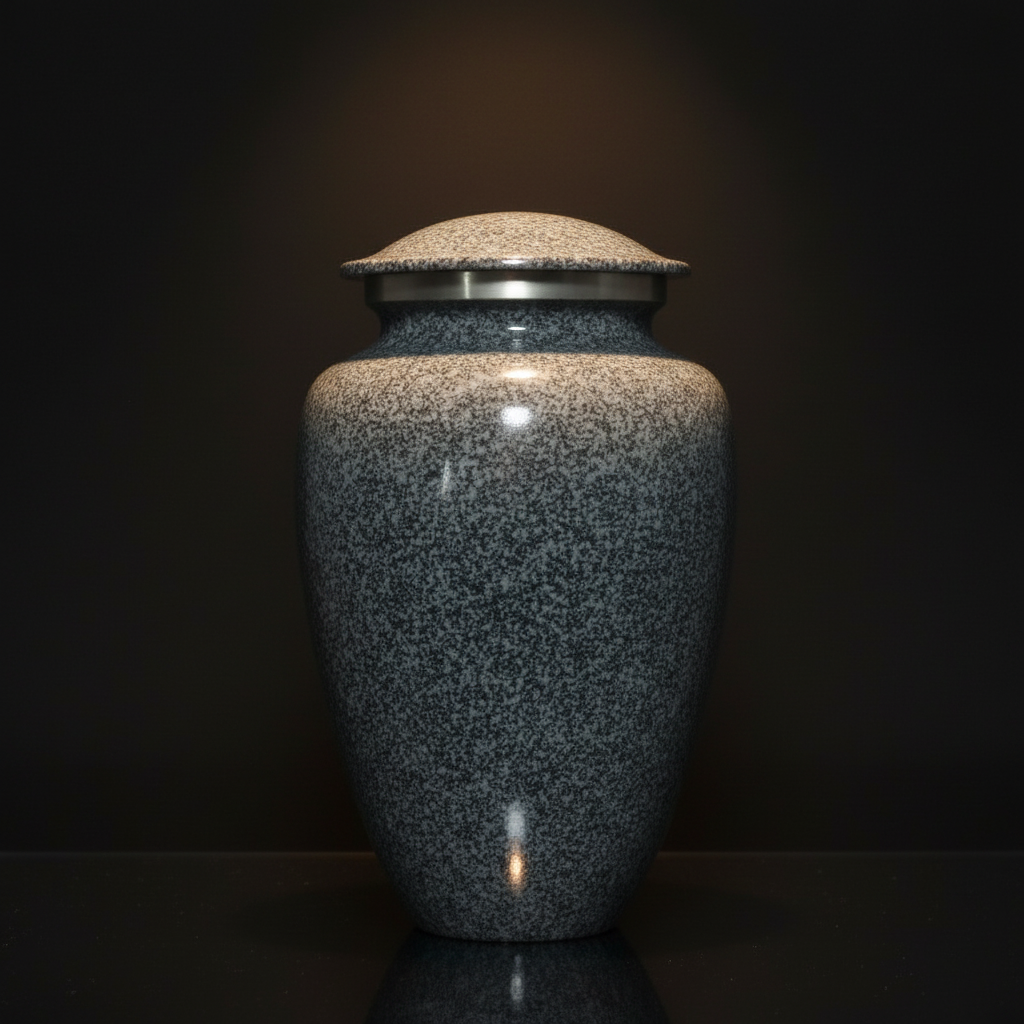 Gray speckled urn with a lid on a dark background