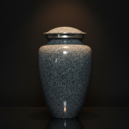 Gray speckled urn with a lid on a dark background