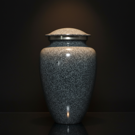 Gray speckled urn with a lid on a dark background