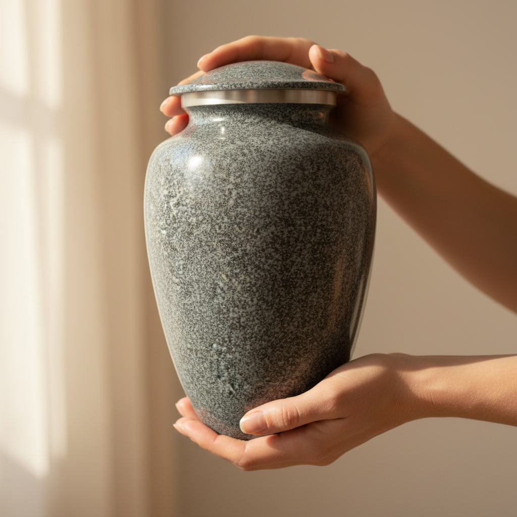 Person holding a gray speckled urn against a neutral background