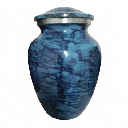 Blue marbled urn with a silver lid on a white background