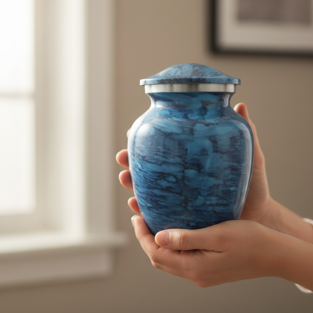 Blue marbled urn held in hands with a neutral background