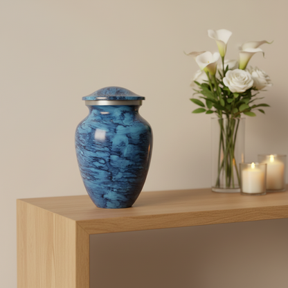 Blue urn on a wooden shelf with white flowers and candles in the background