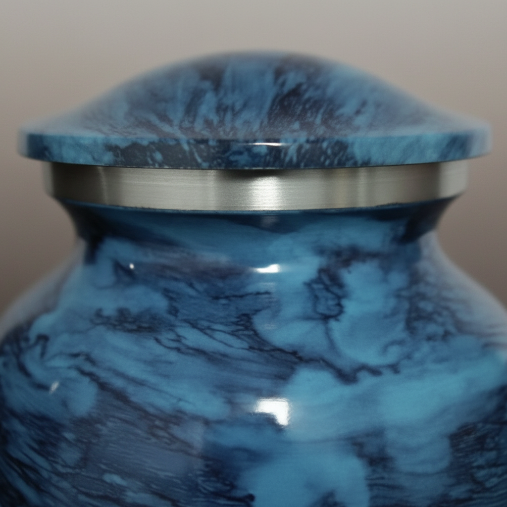 Blue marbled urn with a metallic rim on a beige background