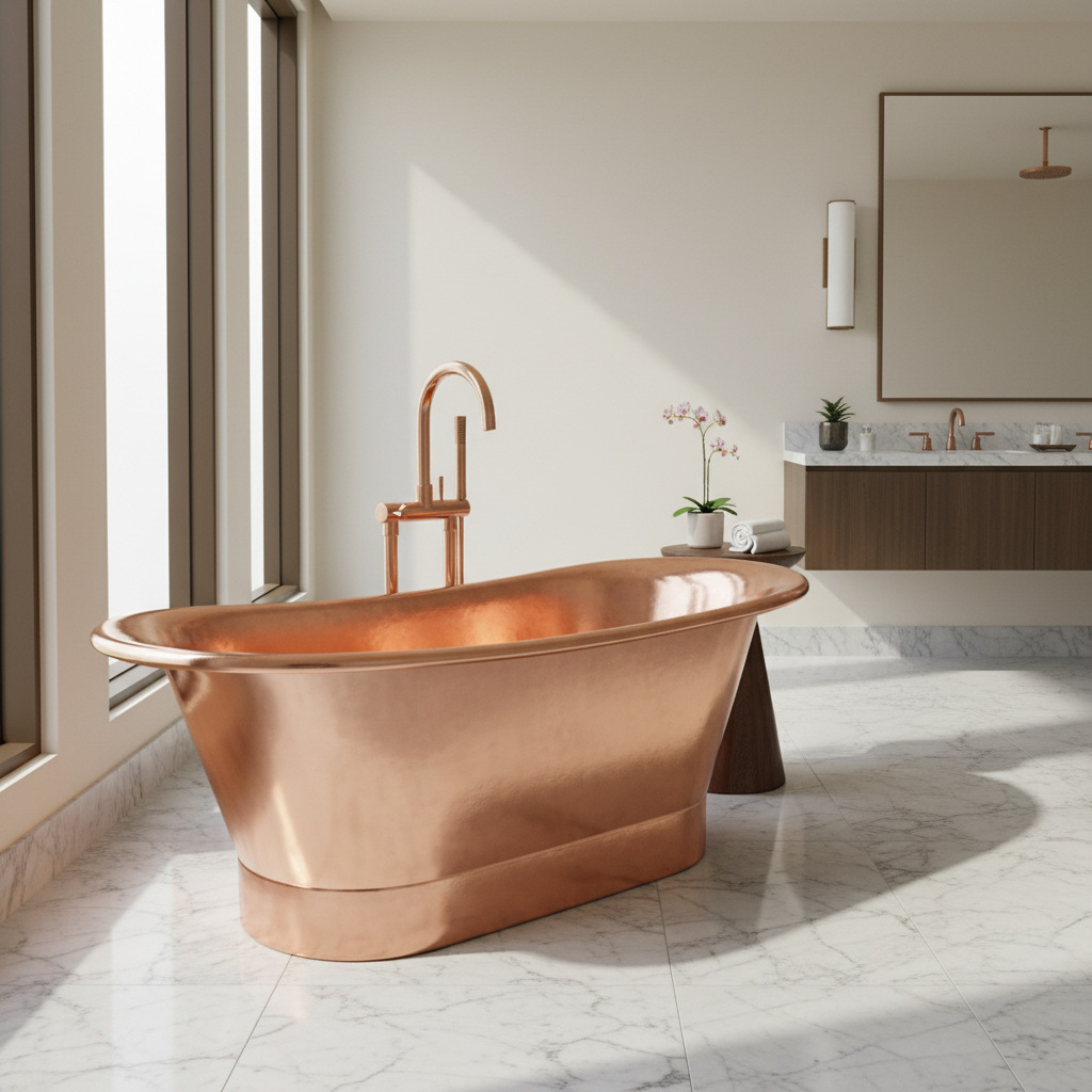 Copper bathtub in a modern bathroom with marble floor and large window.