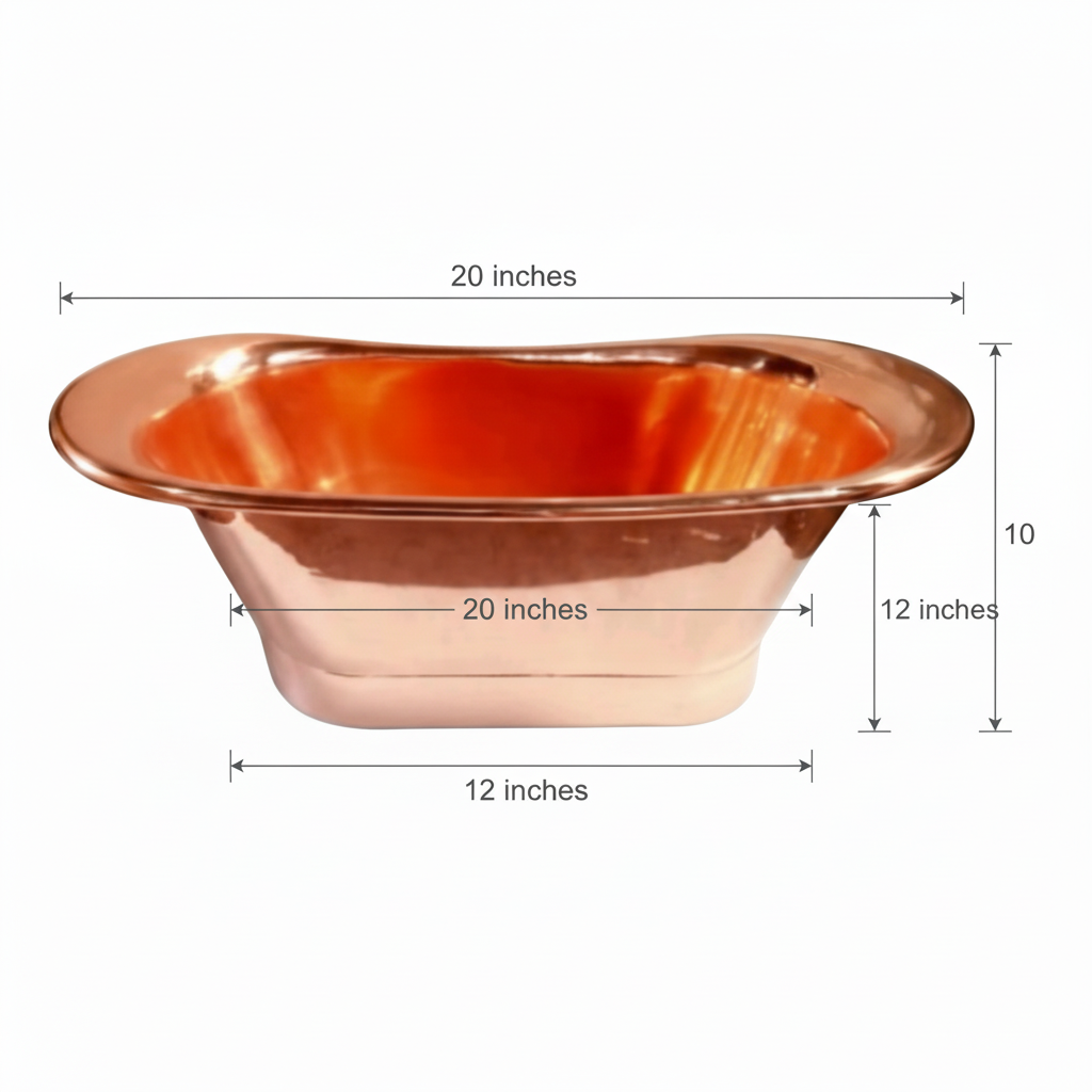 Copper basin with dimensions labeled on a white background