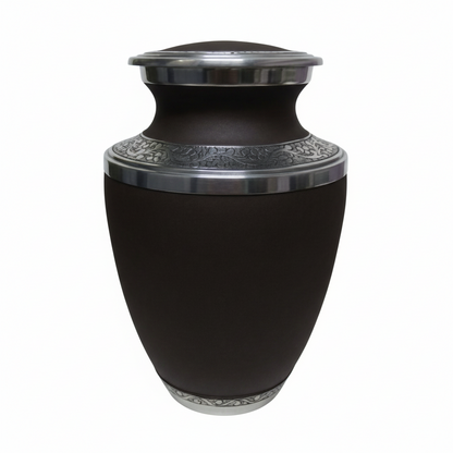 Black urn with silver decorative elements on a white background