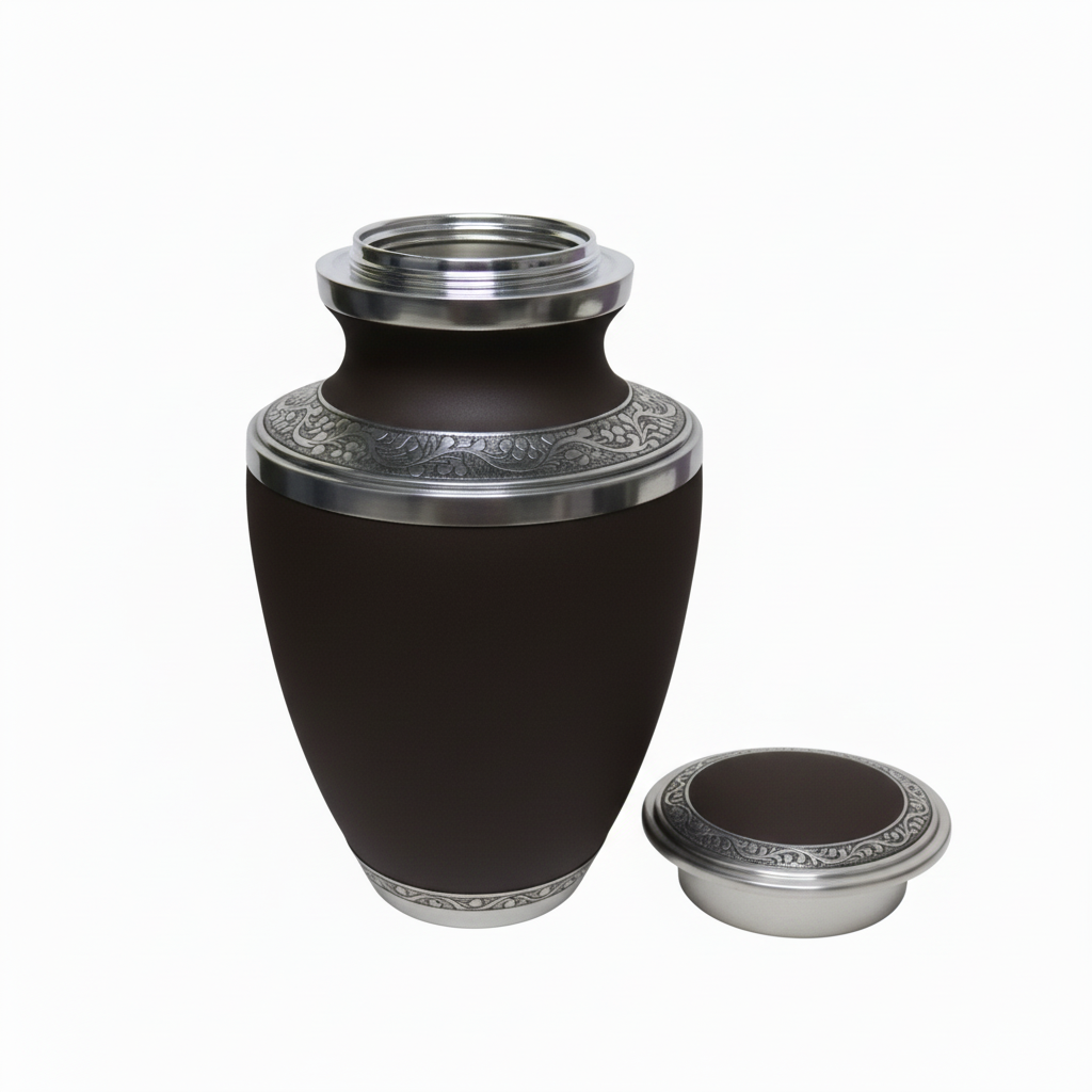 Black urn with silver decorative elements on a white background