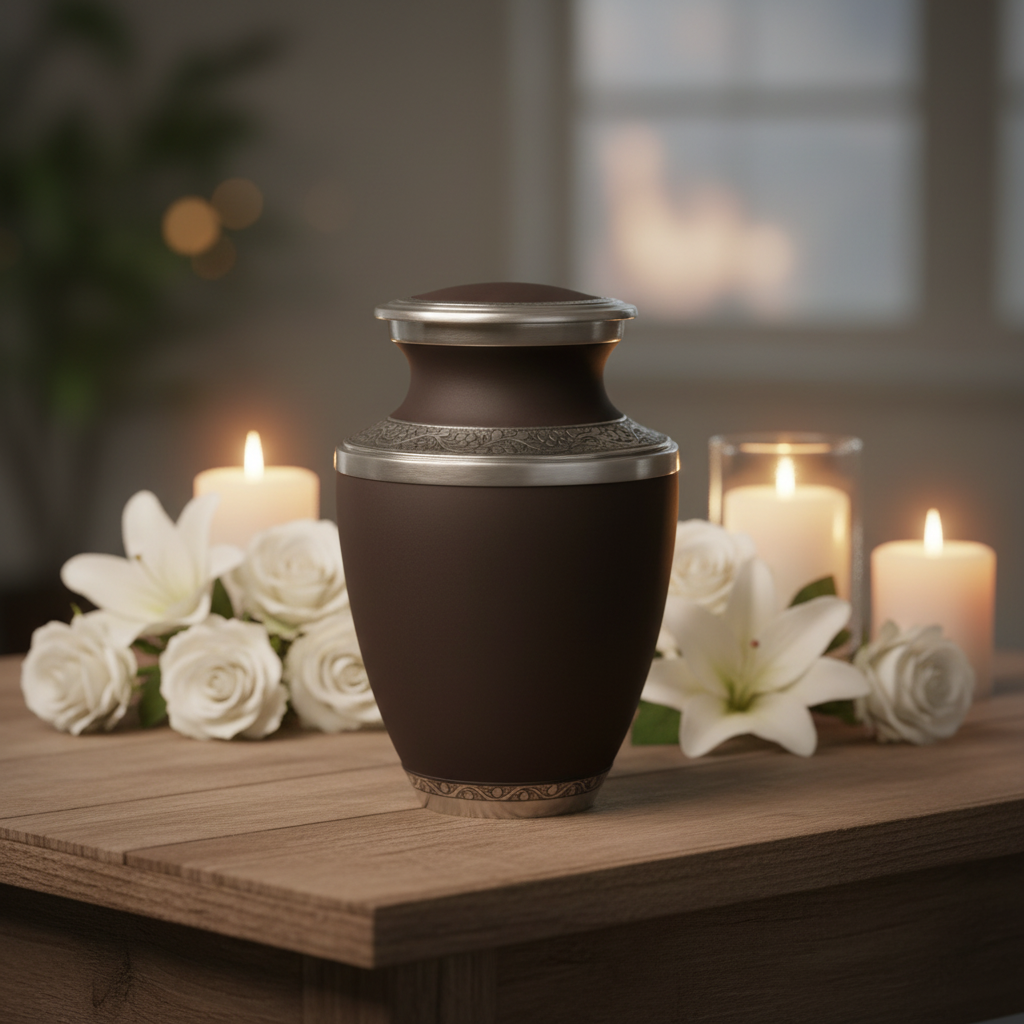 Black urn with silver top on a wooden surface with white flowers and candles in the background