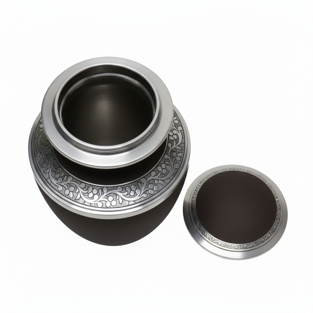 Black urn with silver decorative top on a white background