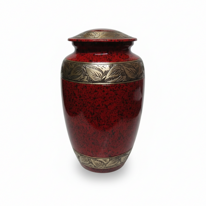 Red urn with gold decorative elements on a white background
