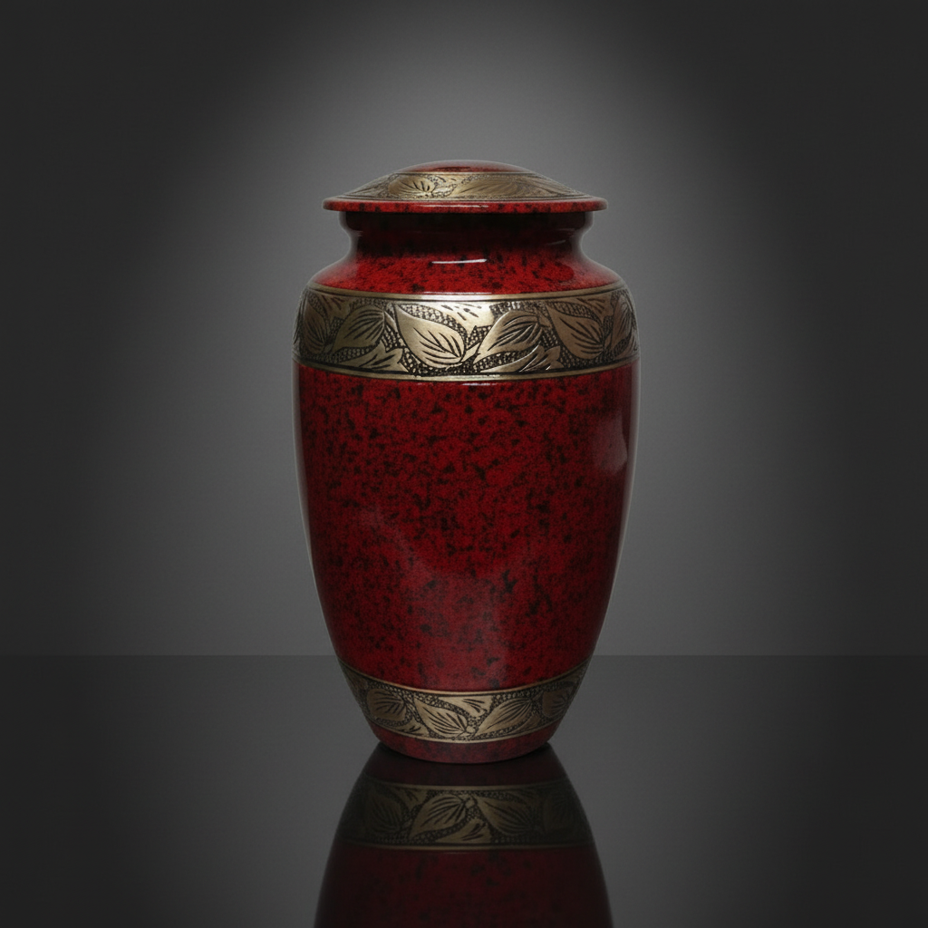Red urn with gold accents on a reflective surface and gray background