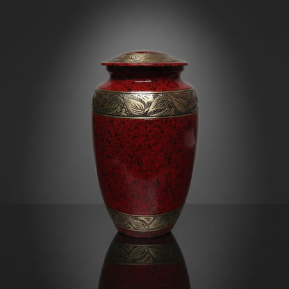Red urn with gold accents on a reflective surface and gray background