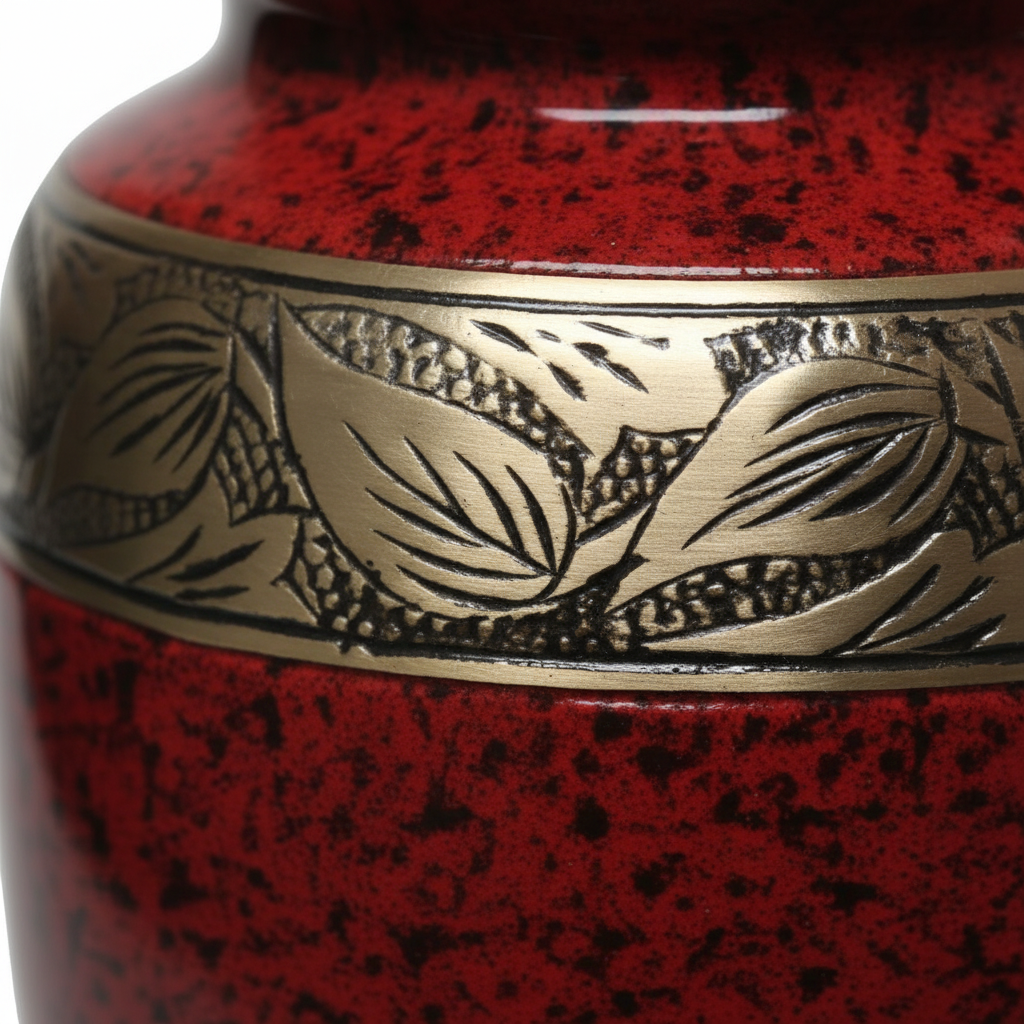 Red ceramic vase with gold leaf patterns
