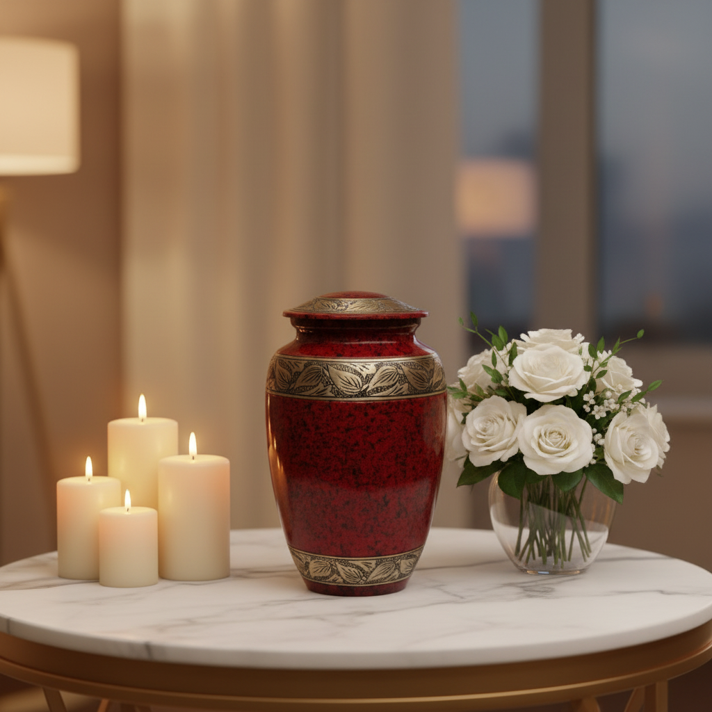 Red urn with gold accents on a marble table with candles and flowers, blurred background