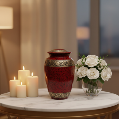 Red urn with gold accents on a marble table with candles and flowers, blurred background