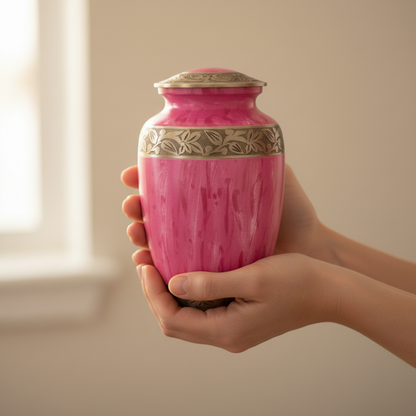 Pink urn with decorative band on a white background