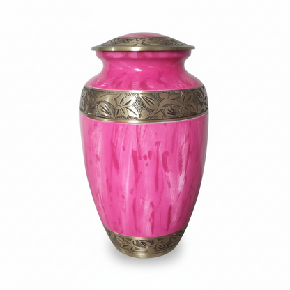 Pink urn with decorative band on a white background