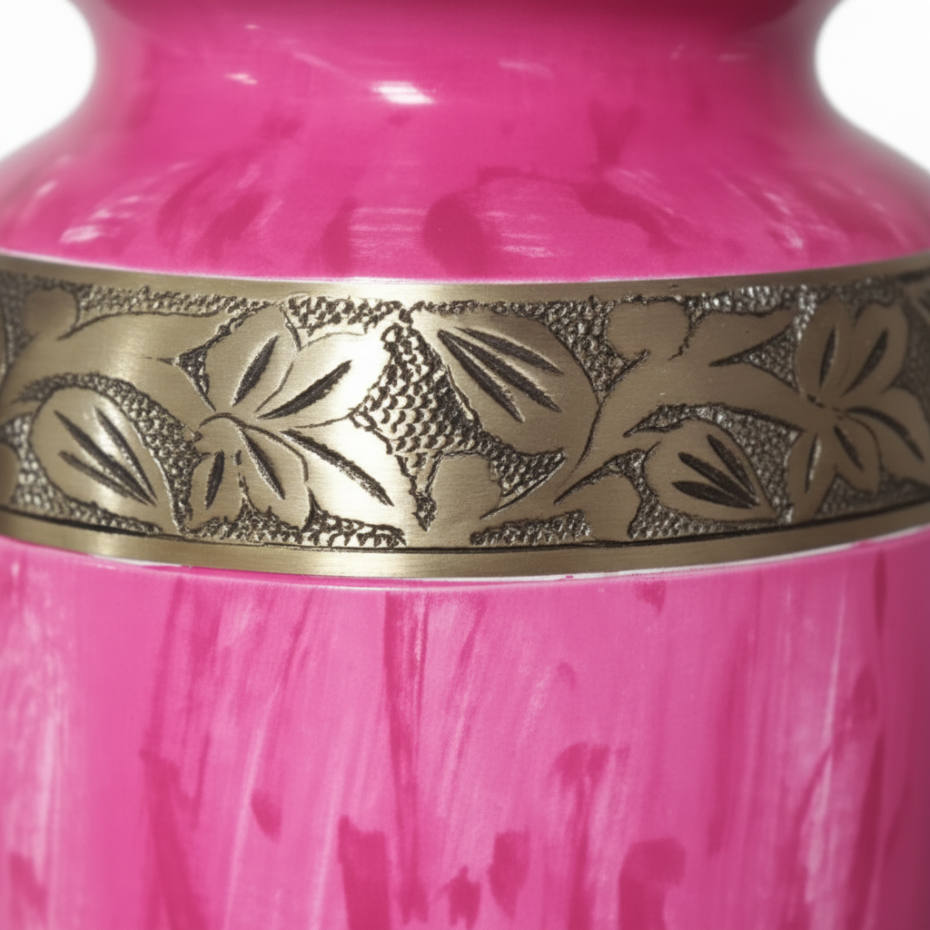 Pink urn with a gold decorative band featuring leaf patterns on a white background