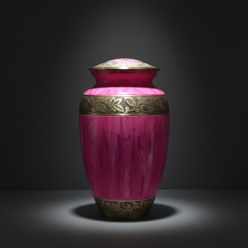 Pink urn with gold accents on a dark background