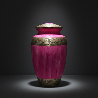 Pink urn with gold accents on a dark background