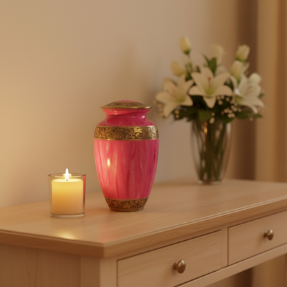 Pink urn with gold accents on a wooden surface next to a lit candle and a vase of flowers.