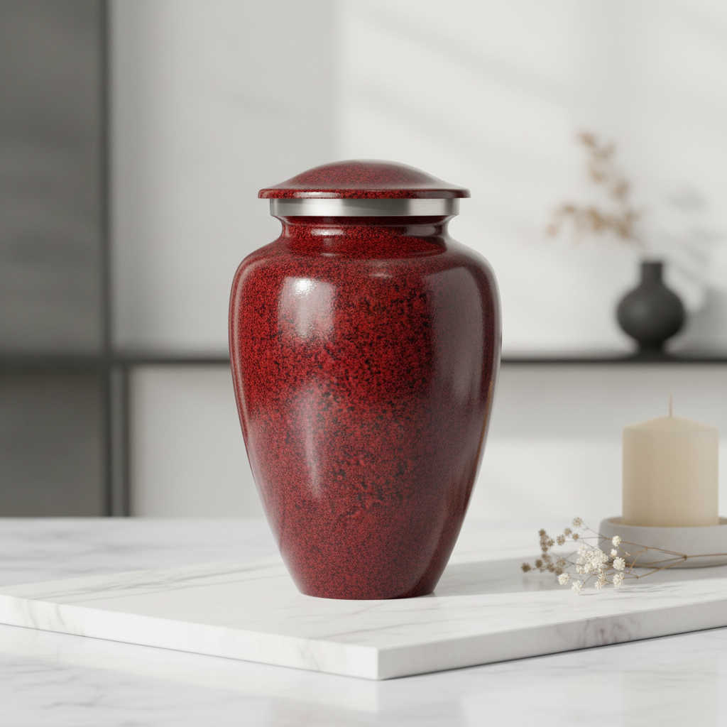 Red urn with a silver lid on a marble surface with a blurred background