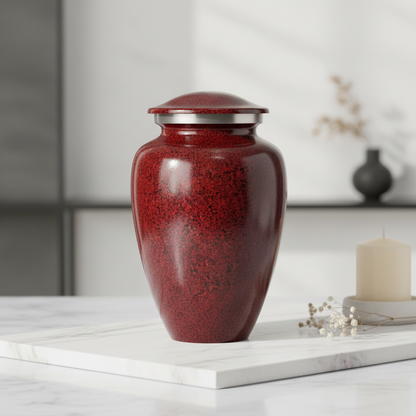 Red urn with a silver lid on a marble surface with a blurred background