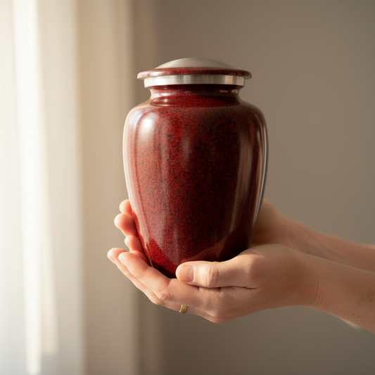 Red urn held in a hand against a neutral background
