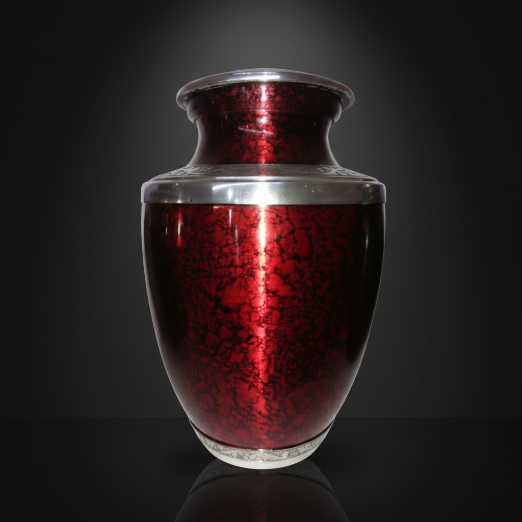 Red metallic urn on a black background